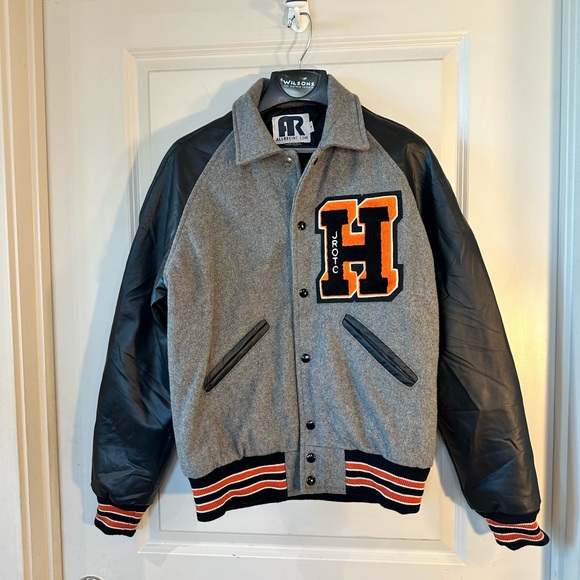 Vintage Letterman Varsity JROTC H Wool & Faux Leather Grey/Black/Orange Bomber,S - Picture 10 of 10